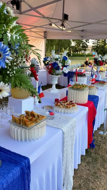 Réception extérieure aux couleurs bleu, blanc et rouge
